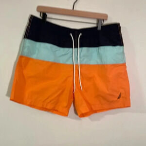 Nautica Blue & Orange Colorblocked Swim Trunks, Size XL